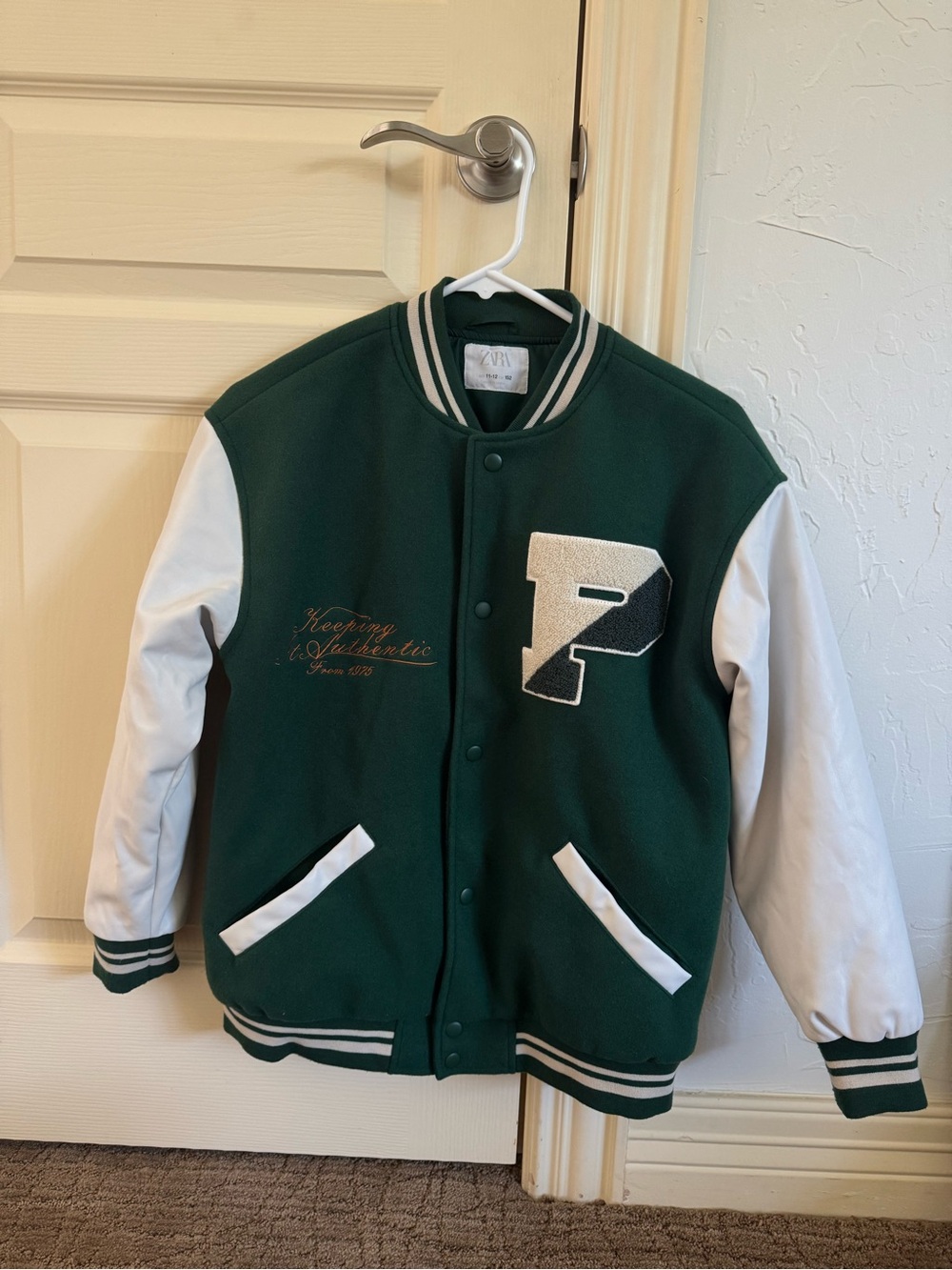 ZARA Green and White Letterman Bomber Jacket